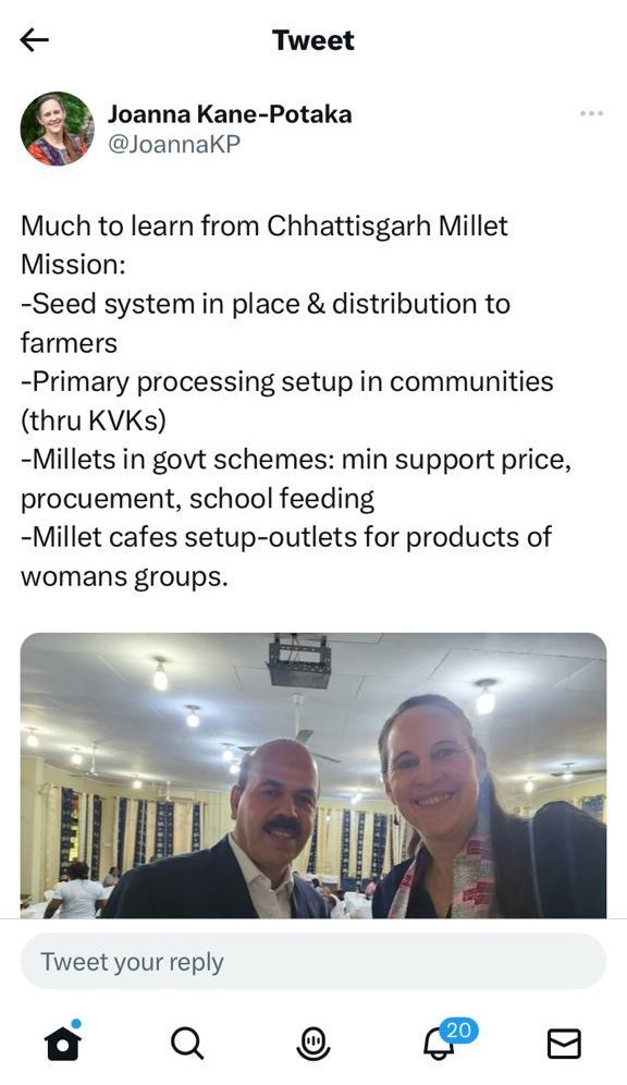 अन्तर्राष्ट्रीय धान अनुसंधान संस्थान की उप महानिदेशक ने की छत्तीसगढ़ में संचालित मिलेट मिशन की सराहना अन्तर्राष्ट्रीय धान अनुसंधान संस्थान की उप महानिदेशक ने की छत्तीसगढ़ में संचालित मिलेट मिशन की सराहना