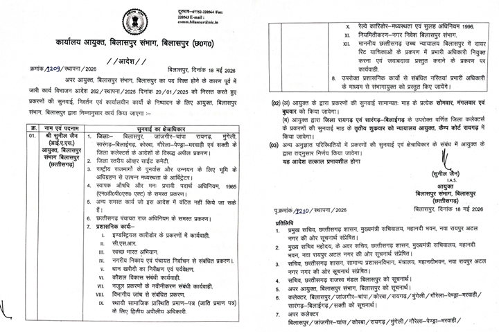 आयुक्त बिलासपुर संभाग ने प्रकरणों की सुनवाई एवं प्रशासनिक कार्यों के लिए किया कार्य विभाजन आयुक्त बिलासपुर संभाग ने प्रकरणों की सुनवाई एवं प्रशासनिक कार्यों के लिए किया कार्य विभाजन